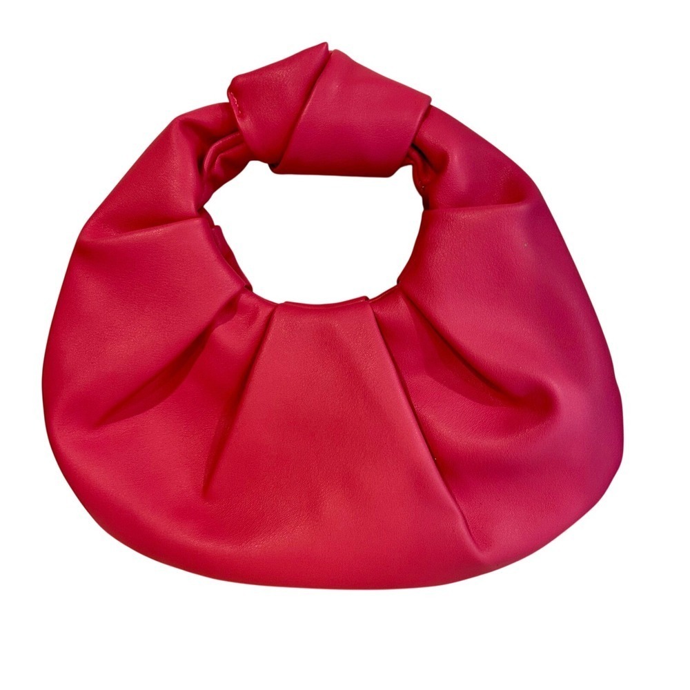 Hot Pink Vegan Leather Ruched Hobo Bag Knotted Handle Crescent Clutch Purse